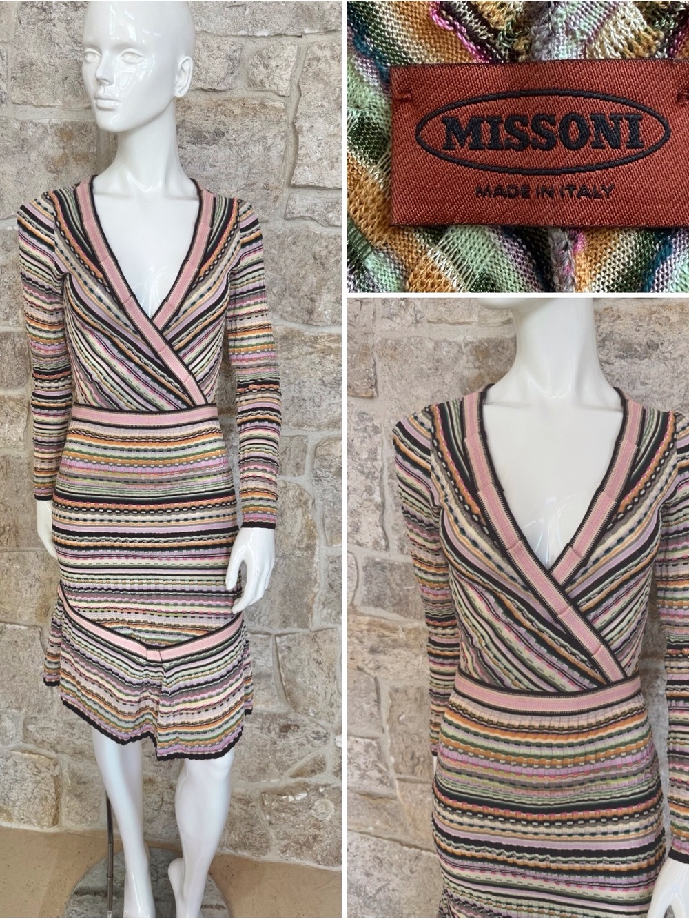 Authentic MISSONI Signature Stripe Knit Long Sleeve Wrap Front Dress IT 38 US 2